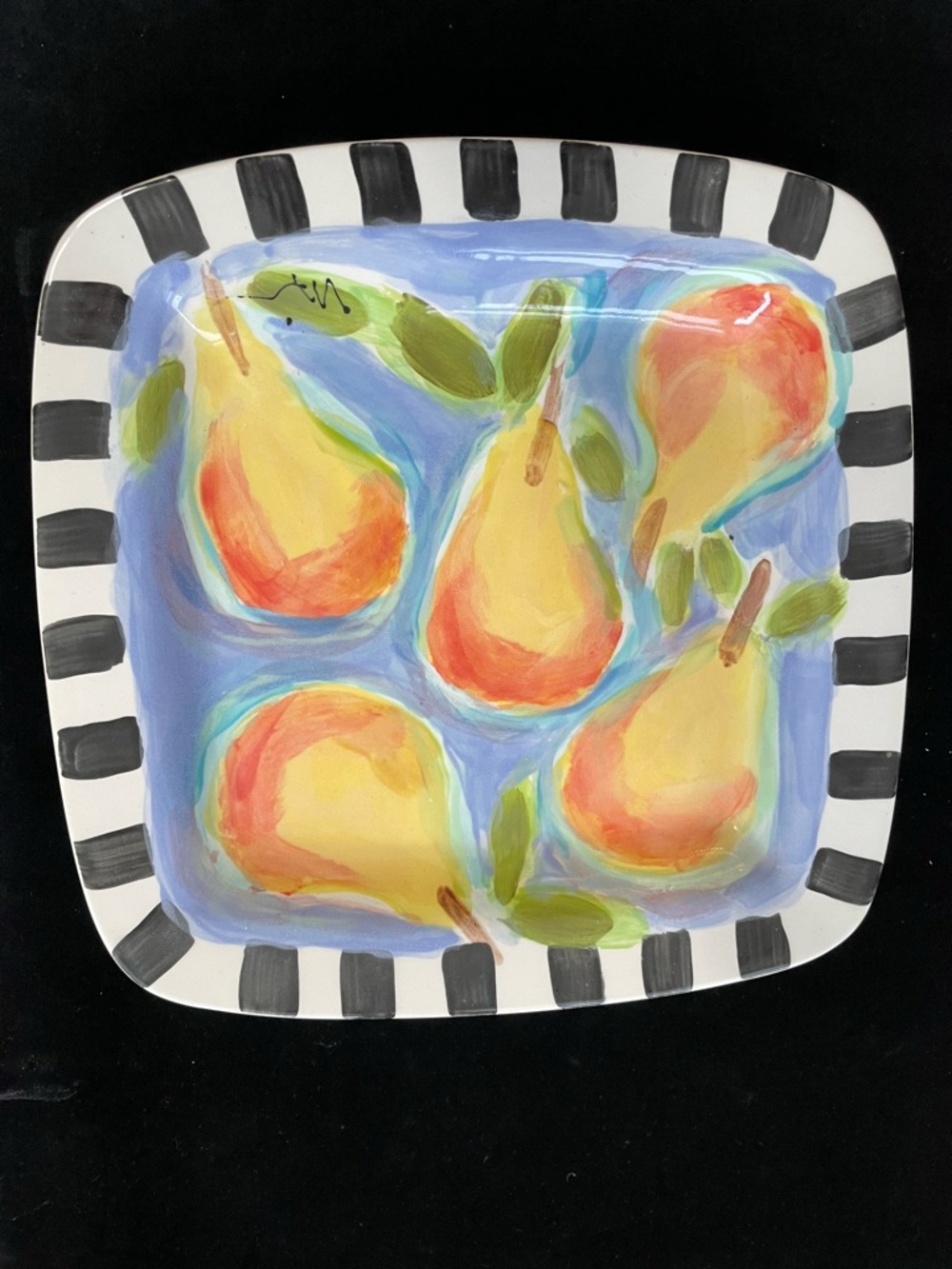 Hand Painted “Pears On Blue” 10”SquareCeramic Plate  Original